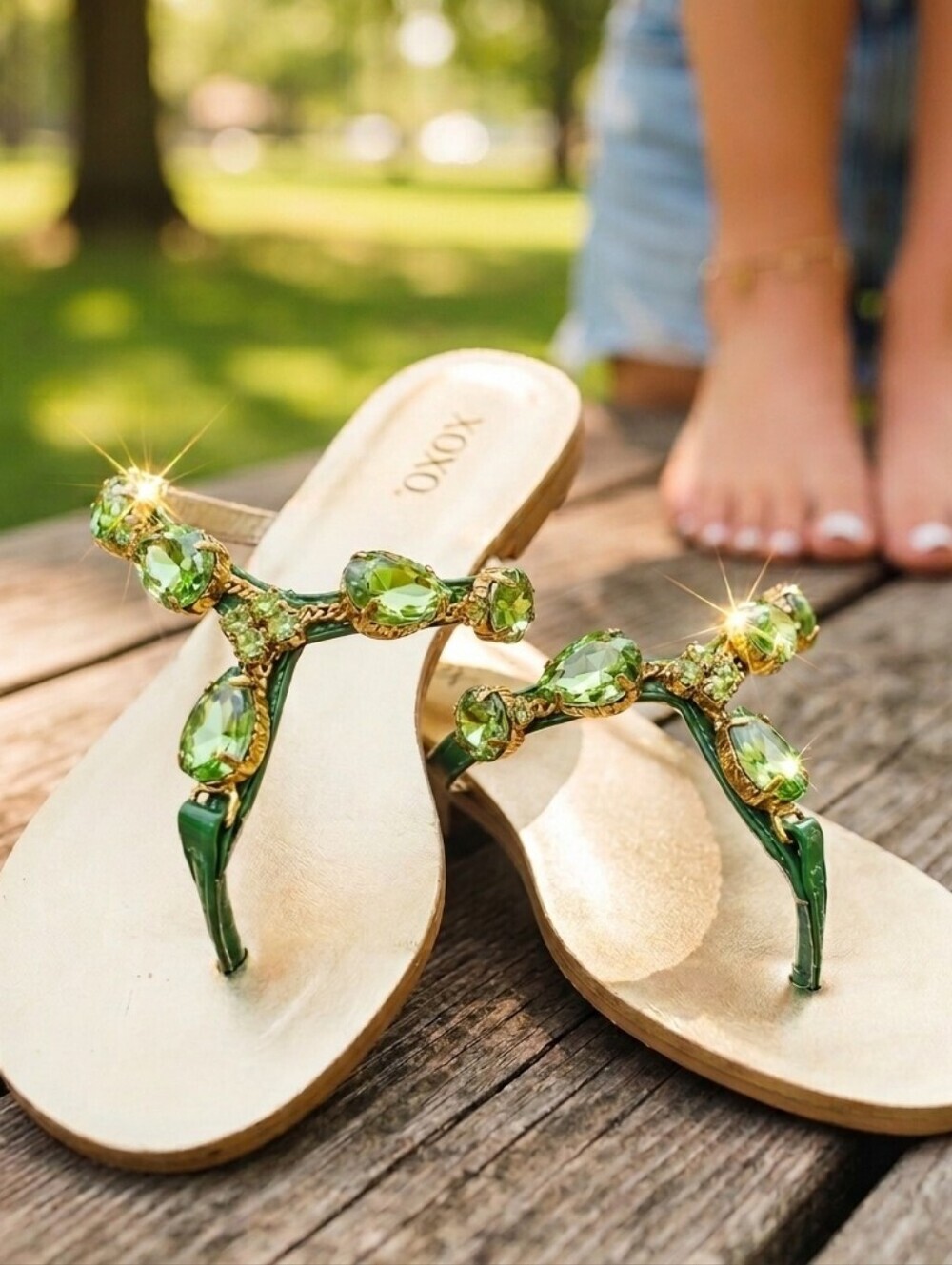 XOXO Women's Green Gem Golden Rosebud Sandals Sz 7 Fits 8 NWT